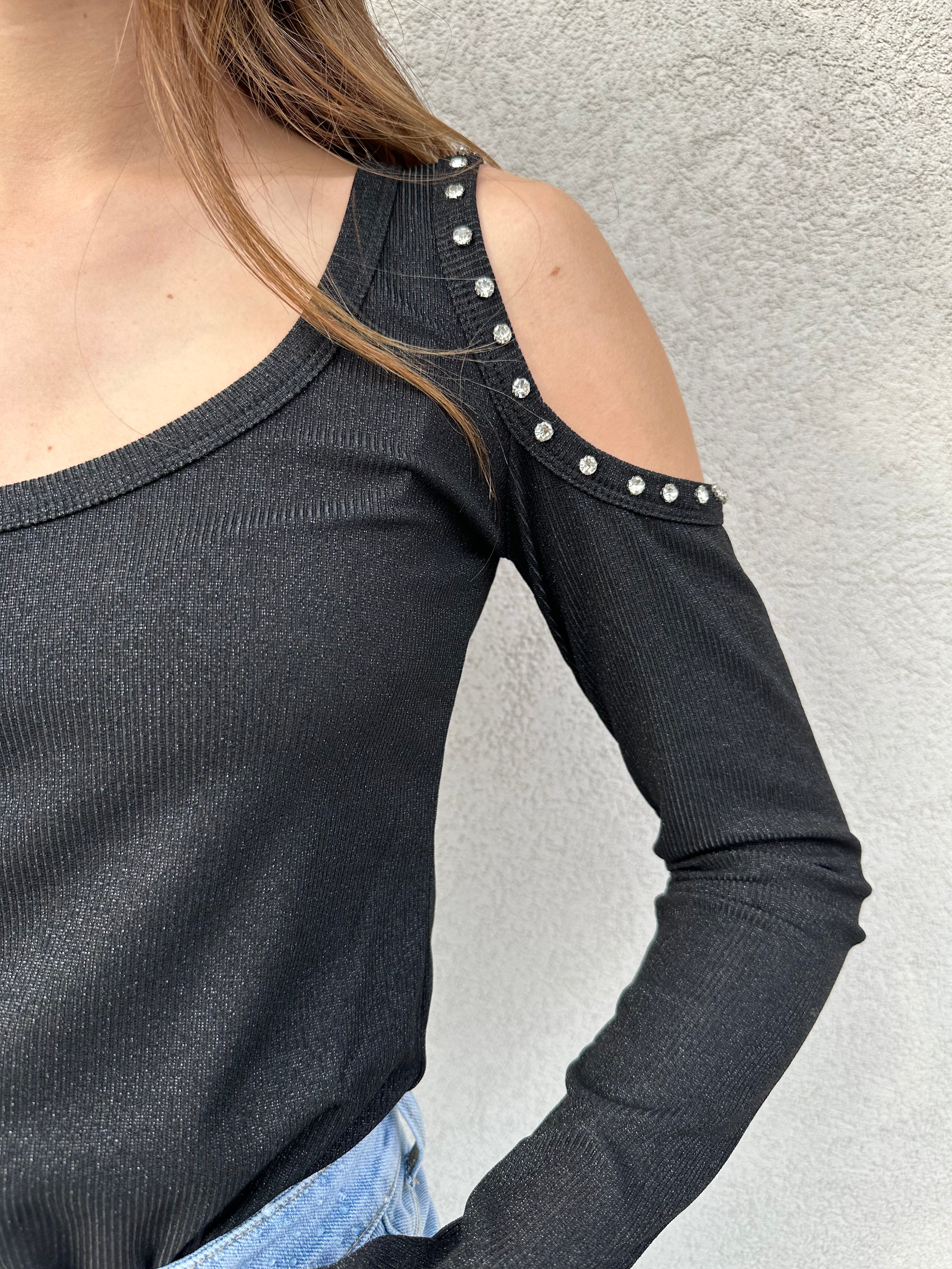 Maglia spalle strass NERO - KONTATTO