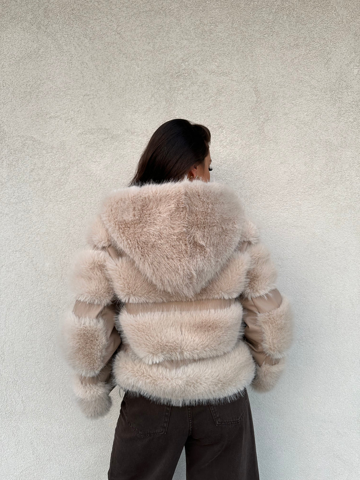 Ecopelliccia cappuccio BEIGE - YES LONDON