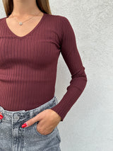 Maglia scollo V costine BORDEAUX - VICOLO