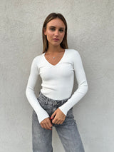 Maglia scollo V costine BIANCA - VICOLO
