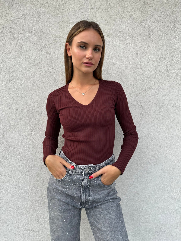 Maglia scollo V costine BORDEAUX - VICOLO