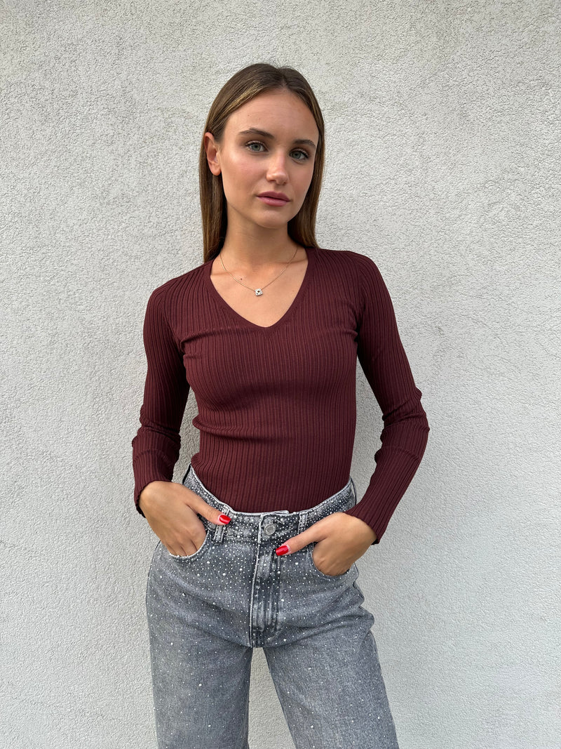 Maglia scollo V costine BORDEAUX - VICOLO