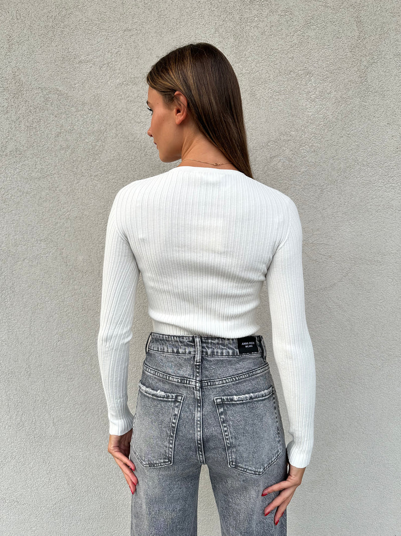 Maglia scollo V costine BIANCA - VICOLO