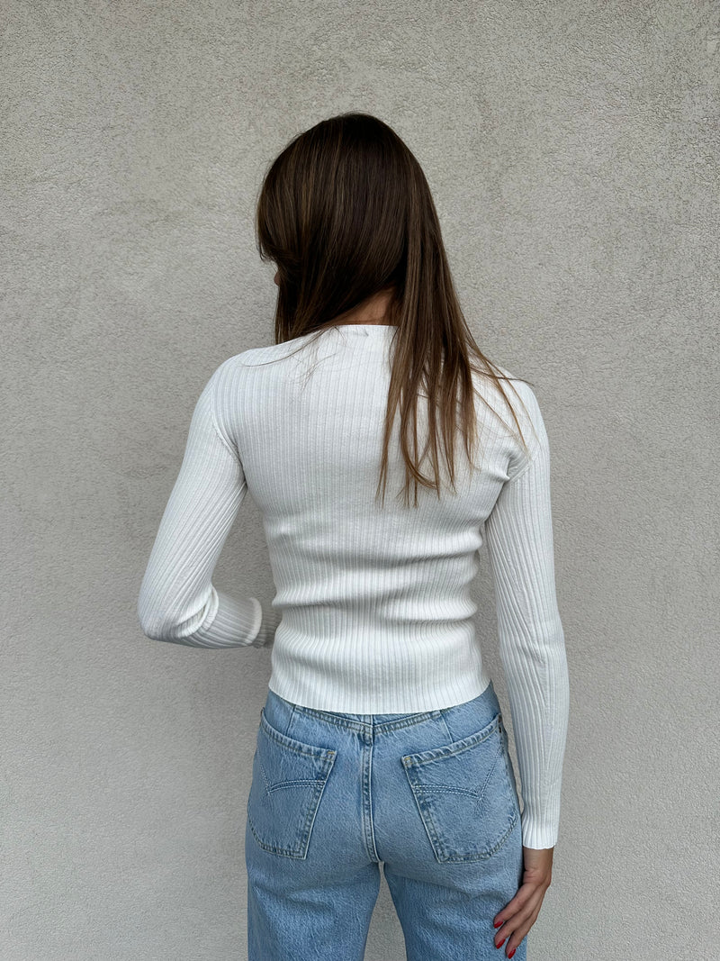 Maglia scollo tondo costine BIANCA - VICOLO