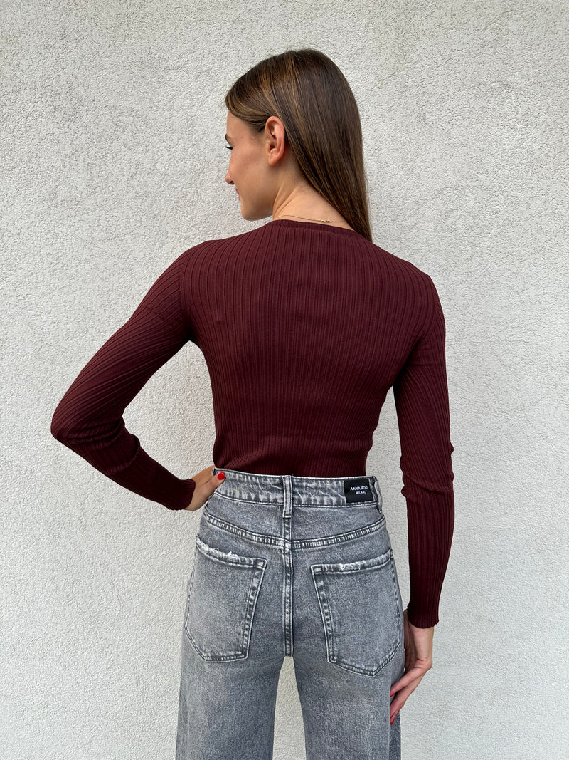 Maglia scollo V costine BORDEAUX - VICOLO