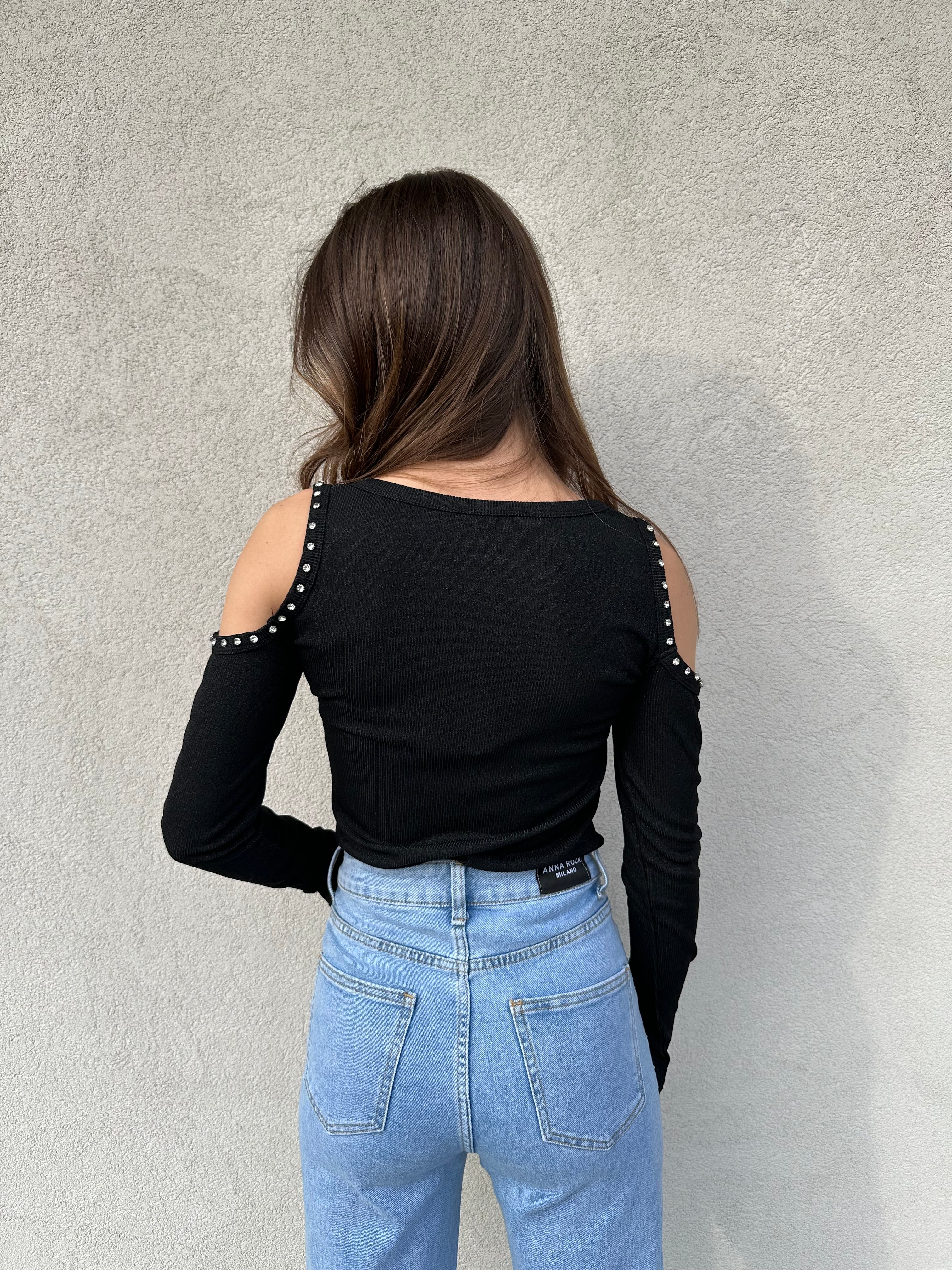 Maglia spalle strass NERO  - KONTATTO