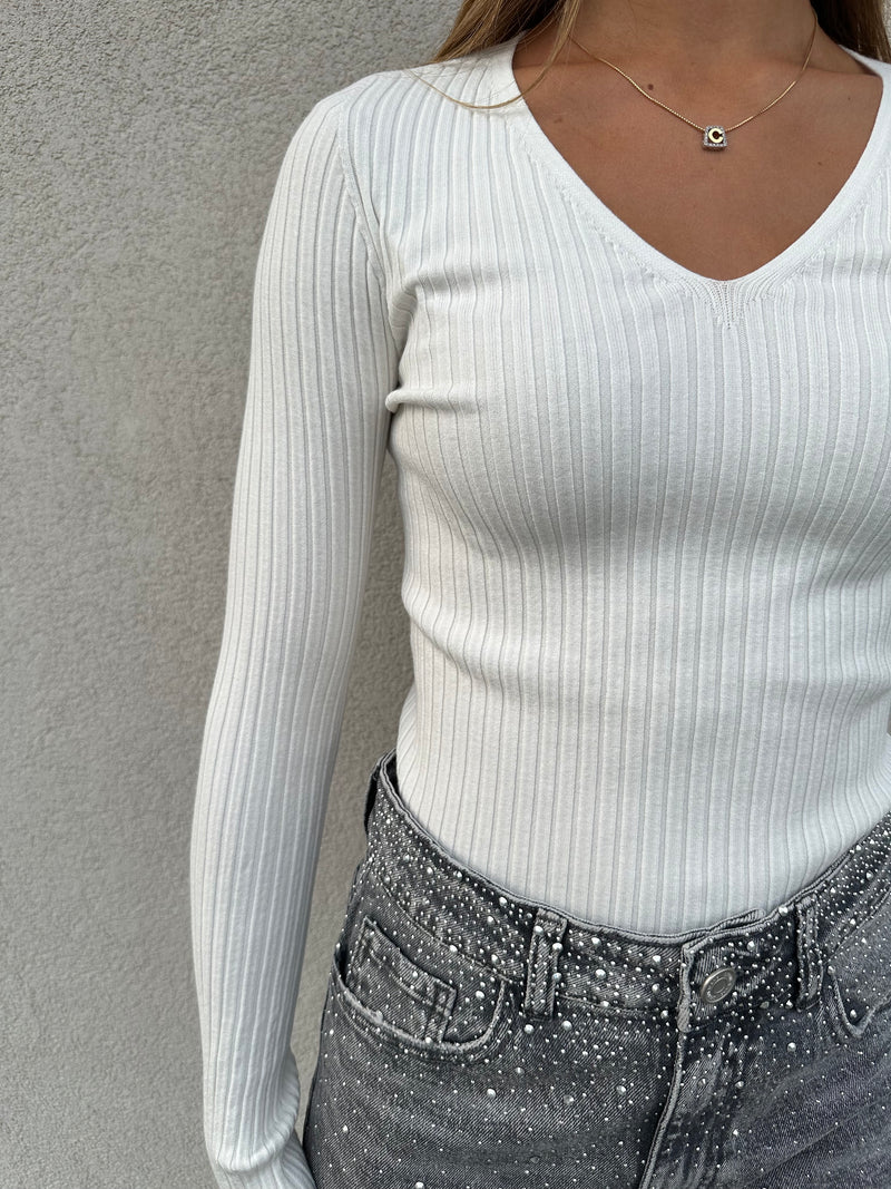 Maglia scollo V costine BIANCA - VICOLO