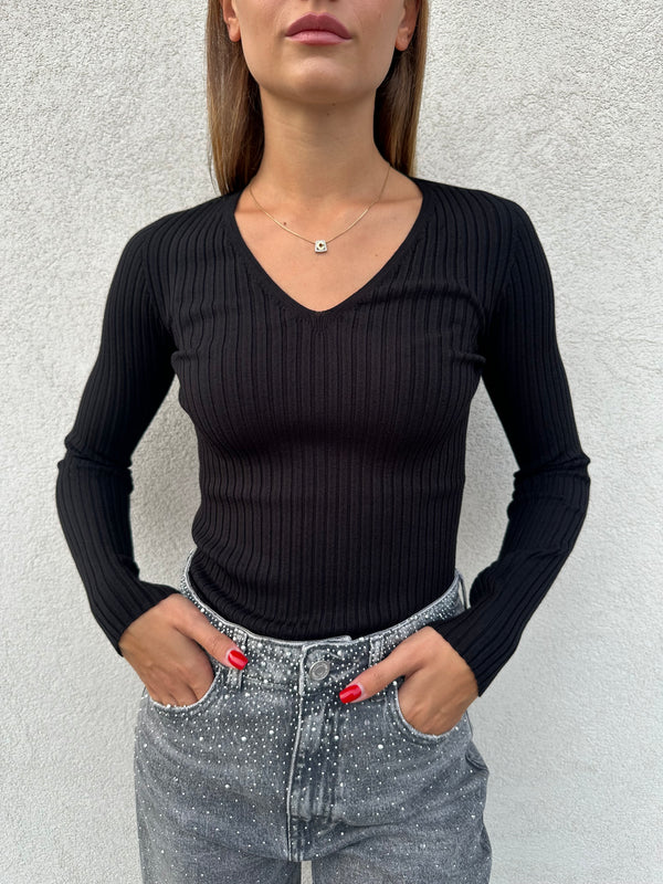 Maglia scollo V costine NERA - VICOLO