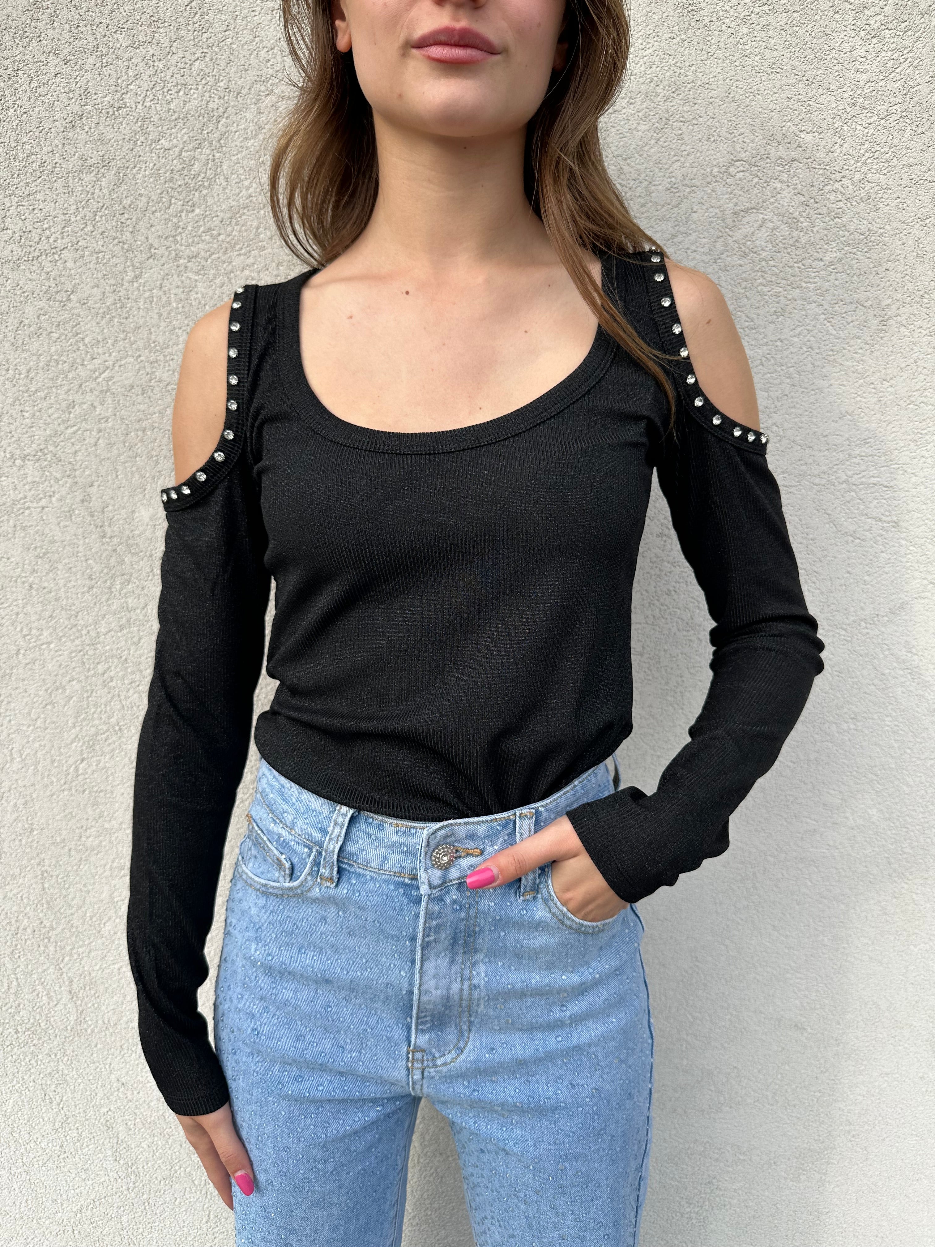 Maglia spalle strass NERO  - KONTATTO