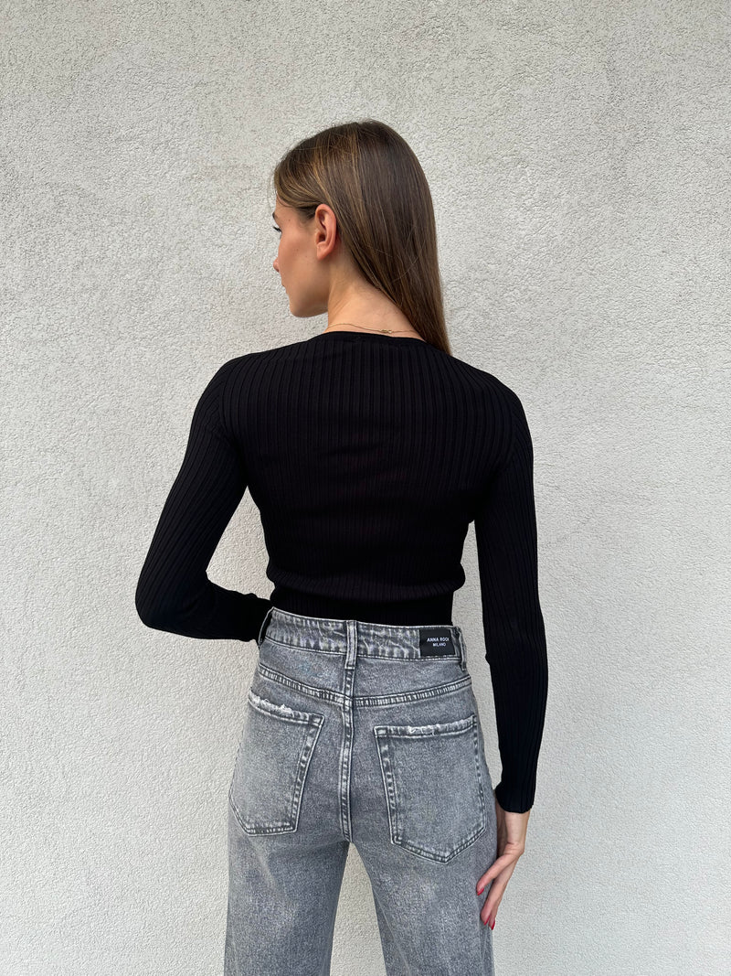 Maglia scollo V costine NERA - VICOLO