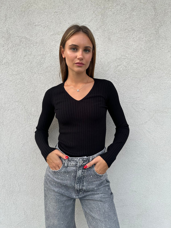 Maglia scollo V costine NERA - VICOLO