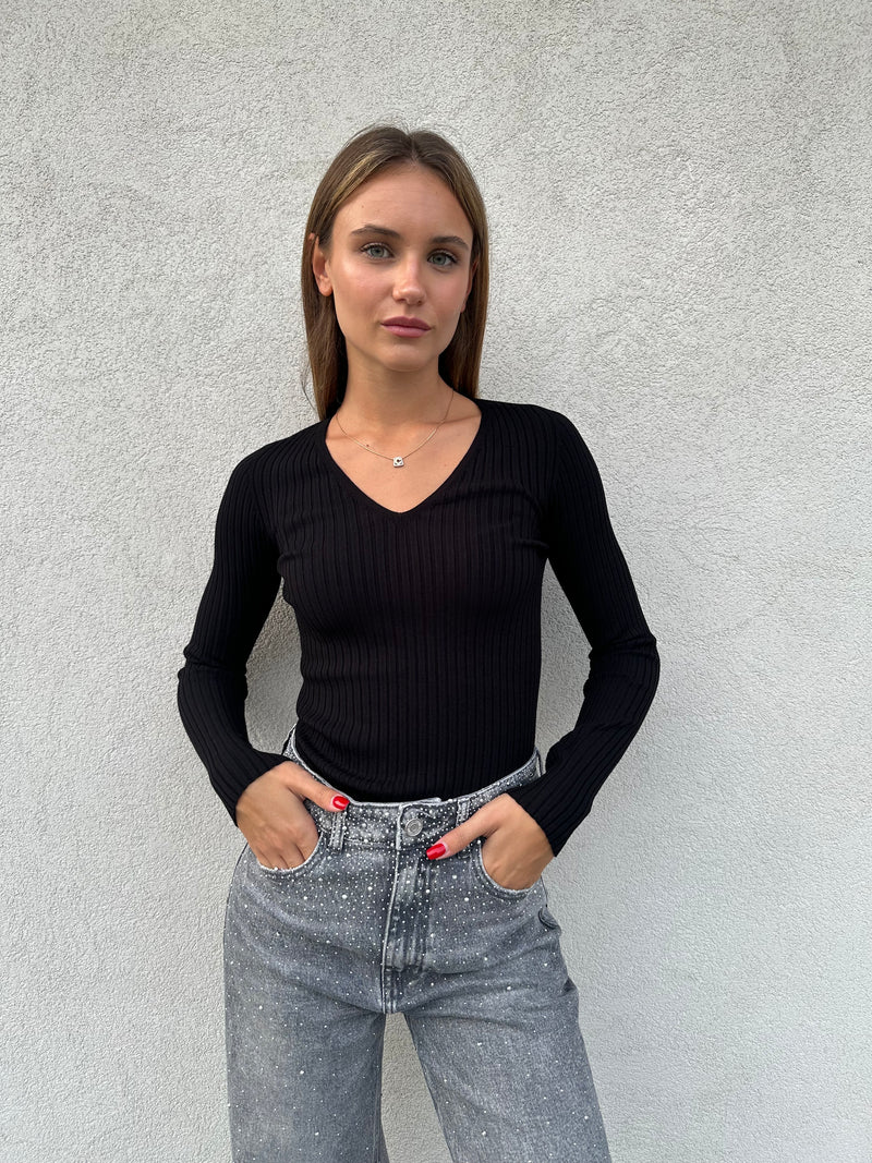Maglia scollo V costine NERA - VICOLO