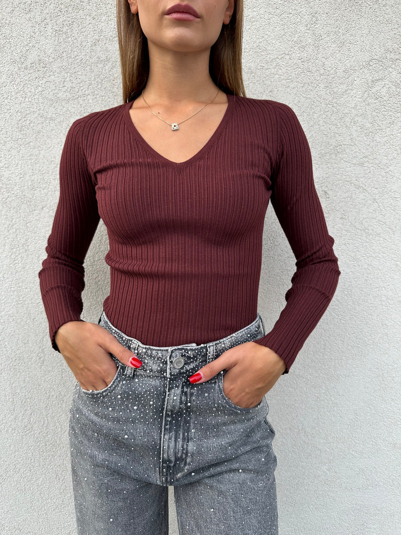 Maglia scollo V costine BORDEAUX - VICOLO